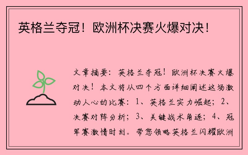 英格兰夺冠！欧洲杯决赛火爆对决！