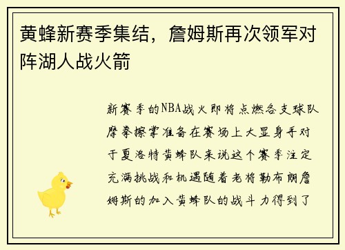 黄蜂新赛季集结，詹姆斯再次领军对阵湖人战火箭